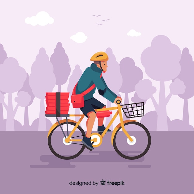 Free vector flat delivery boy on bike background