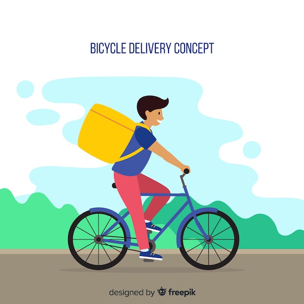 Flat delivery boy on bike background