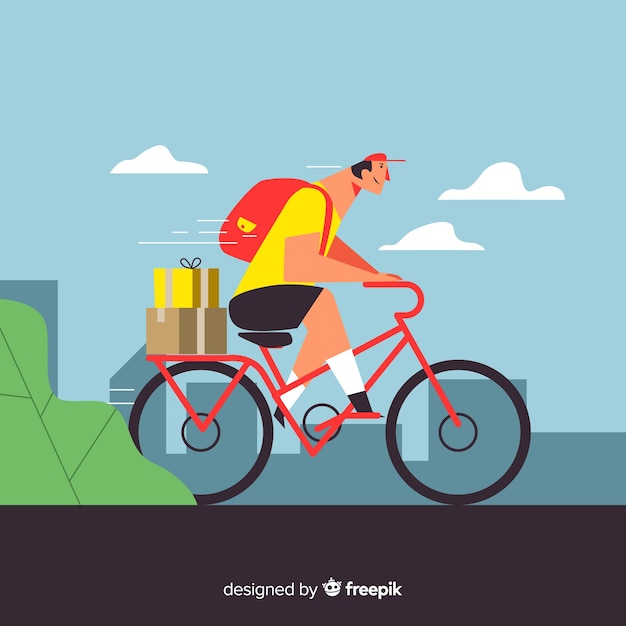 Free vector flat delivery boy on bike background