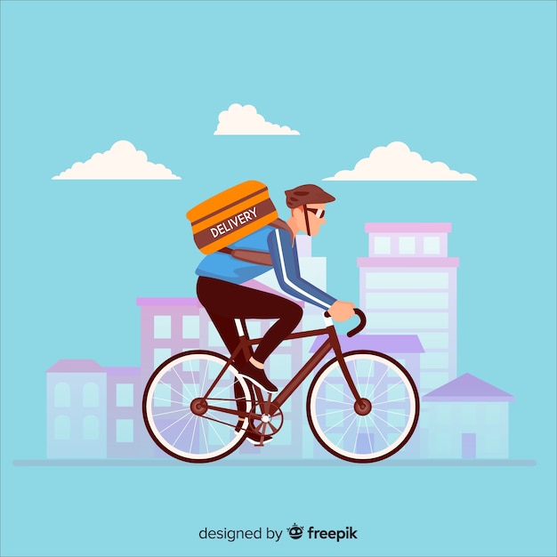 Free vector flat delivery boy on bike background