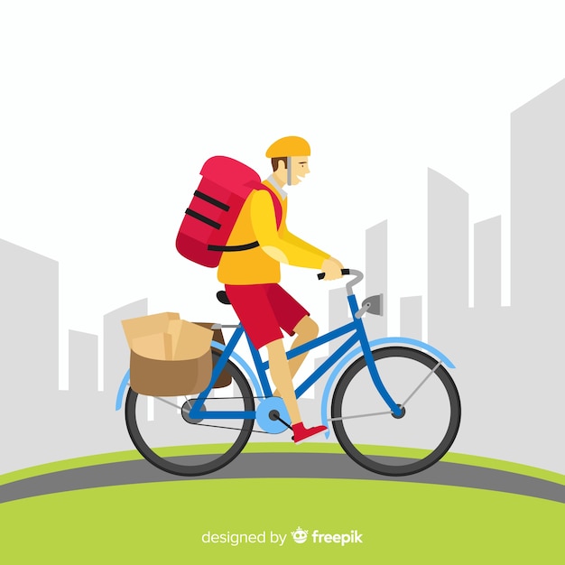 Free vector flat delivery boy on bike background