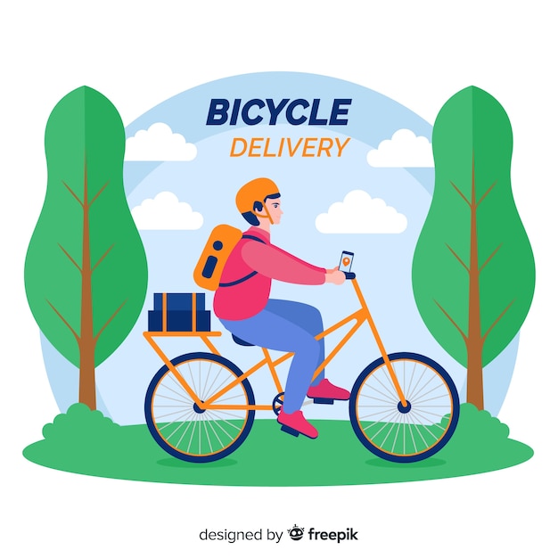 Free vector flat delivery boy on bike background