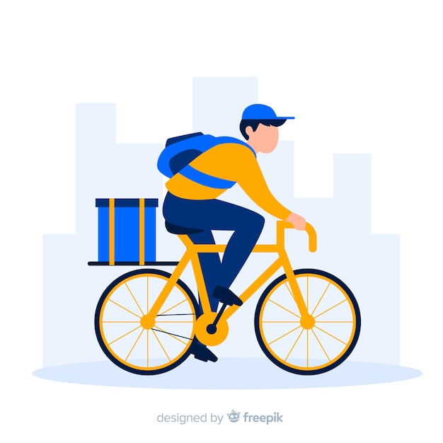 Free vector flat delivery boy on bike background