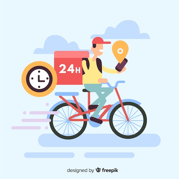 Flat delivery boy on bike background