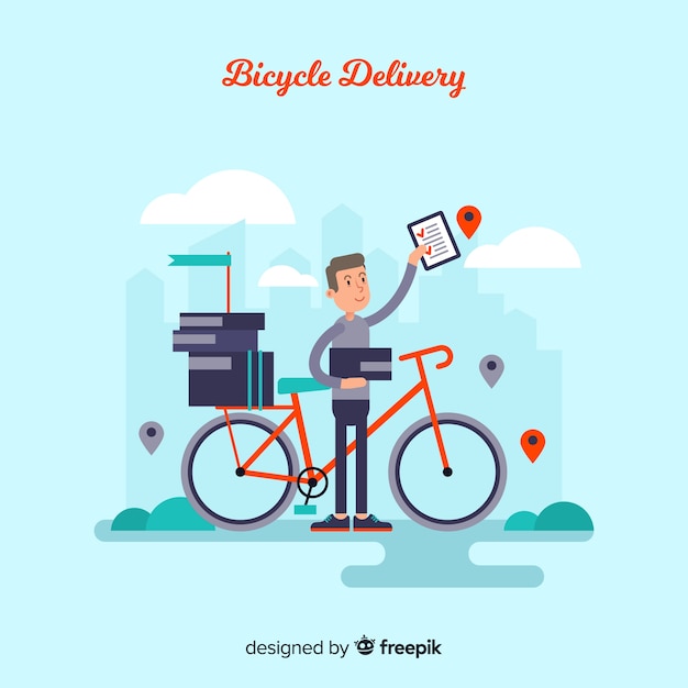 Free vector flat delivery boy on bike background