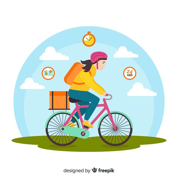 Flat delivery girl on bike background