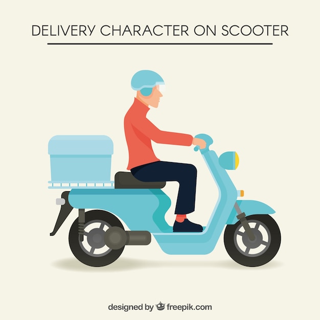 Плоский человек доставки на скутере с современным стилем