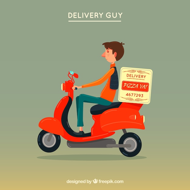 Flat delivery man on vintage scooter