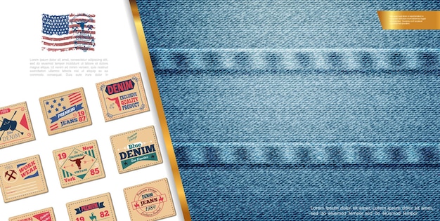 Vettore gratuito composizione colorata in denim piatto con emblemi di jeans classici e illustrazione di texture elegante denim