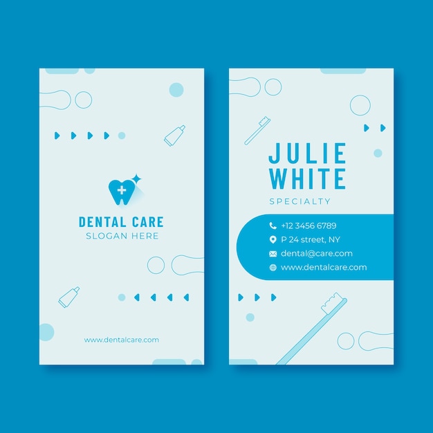 Flat dental clinic double-sided vertical business card template