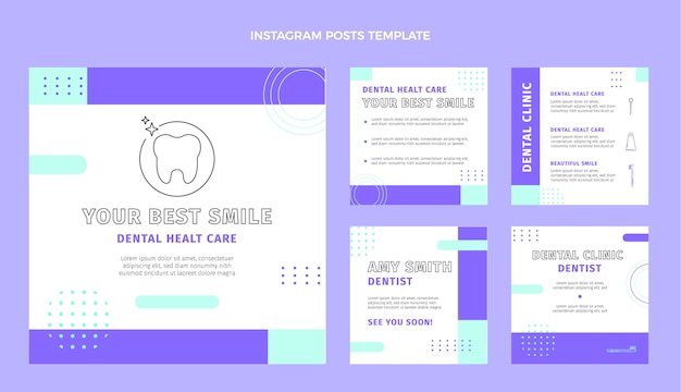 Vettore gratuito raccolta di post di instagram di clinica dentale piatta