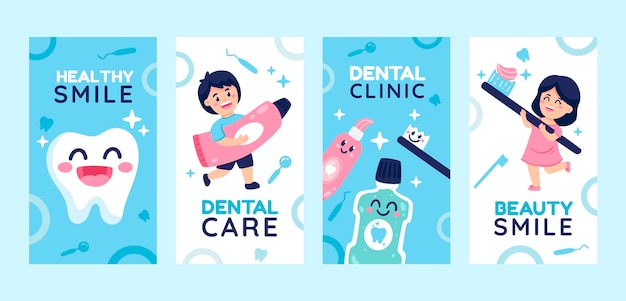 Бесплатное векторное изображение Коллекция рассказов instagram о плоской стоматологической клинике