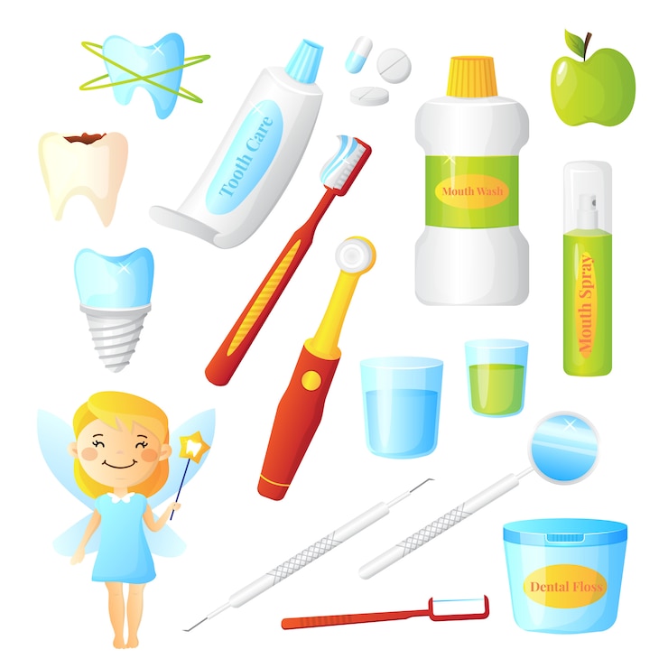 Free Vector flat dentist set for dental care hygiene and healthy teeth with tooth fairy and equipment 