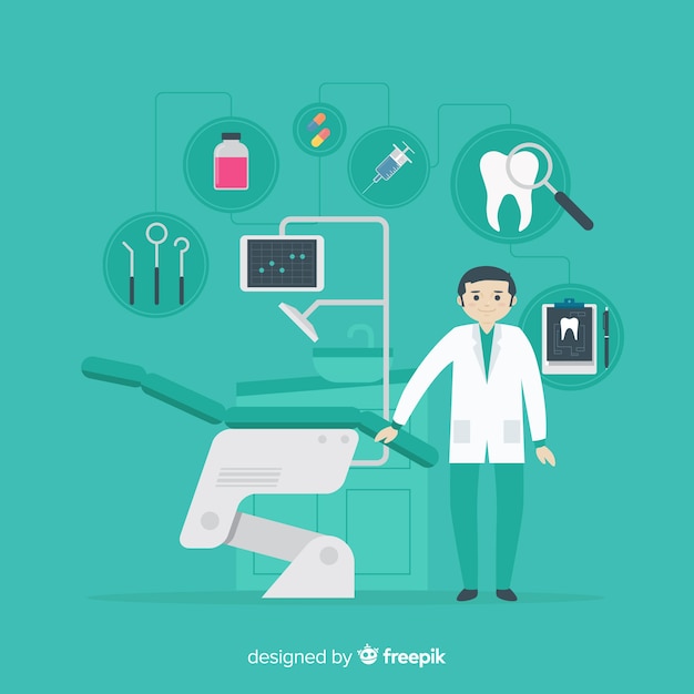 Free vector flat dentists taking care of a tooth background