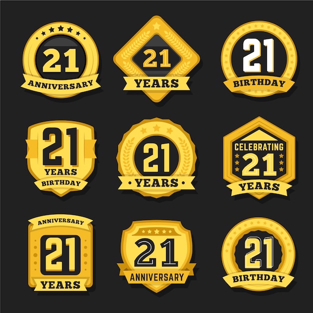Коллекция значков 21-й годовщины в плоском дизайне