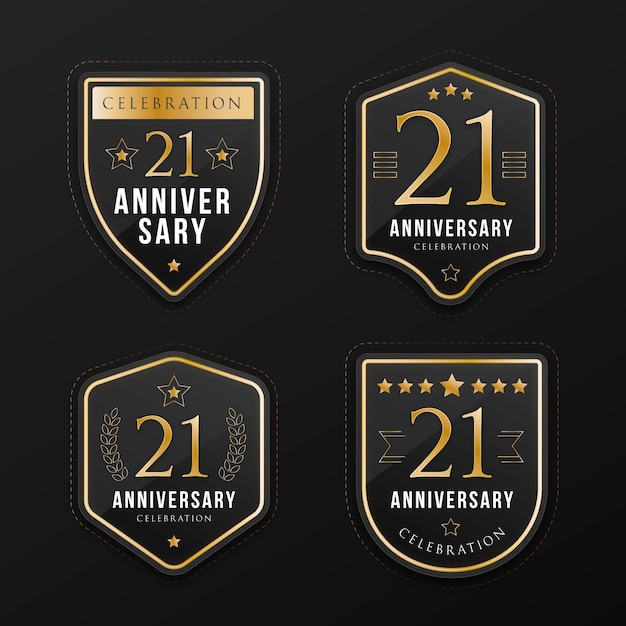 Free vector flat design 21 anniversary golden badges collection