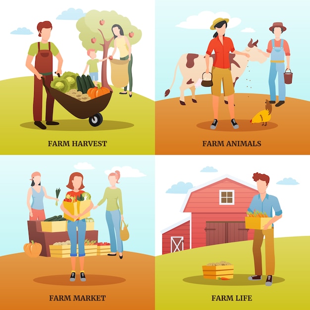 Flat design 2x2 design concept with families living and working on farm during autumn