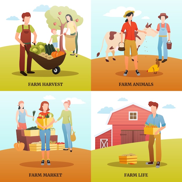 Free vector flat design 2x2 design concept with families living and working on farm during autumn