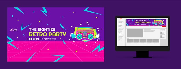 Flat design 80s party celebration youtube channel art