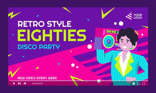 Миниатюра youtube празднования вечеринки 80-х в плоском дизайне