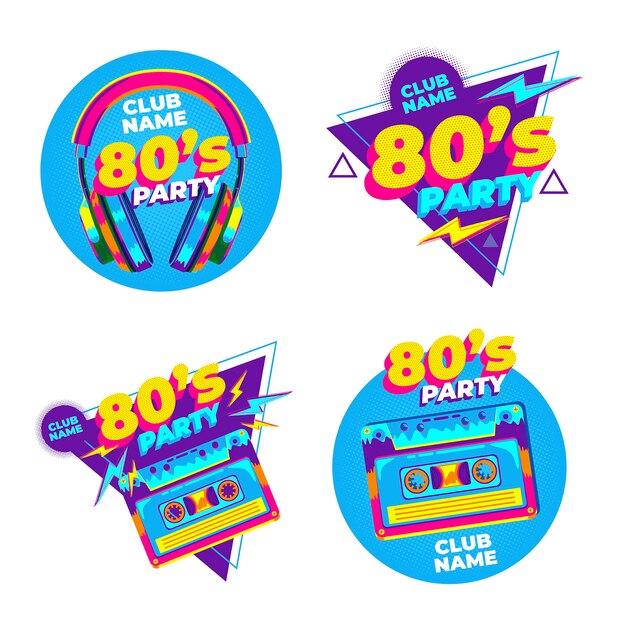 Flat design 80s party labels template