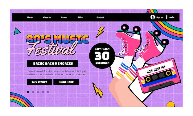 Flat design 80s party with roller skates  landing page