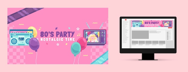 Flat design 80s party youtube channel art