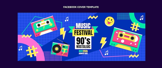 Free vector flat design 90s music festival facebook cover