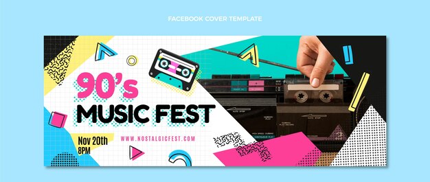 Flat design 90s music festival facebook cover