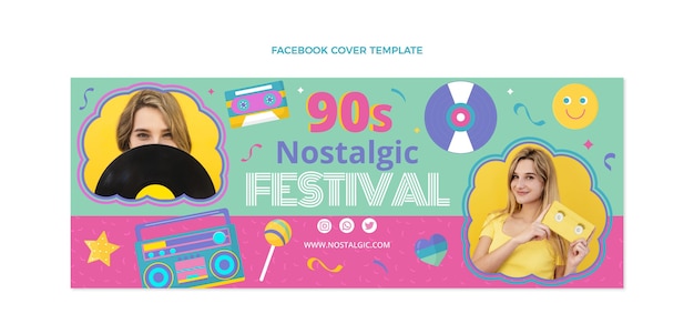 Flat design 90s music festival facebook cover