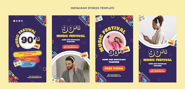 Vettore gratuito storie di instagram del festival musicale degli anni '90 dal design piatto