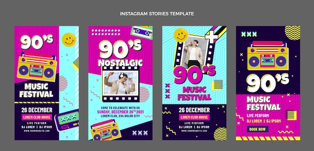 Storie di instagram del festival musicale degli anni '90 dal design piatto