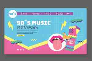 Vettore gratuito pagina di destinazione del festival musicale degli anni '90 dal design piatto