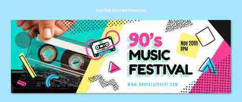 Vettore gratuito intestazione twitter del festival musicale degli anni '90 dal design piatto