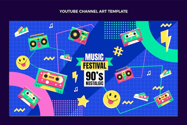 Vettore gratuito canale youtube del festival musicale degli anni '90 dal design piatto