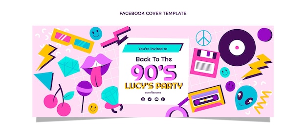 Flat design 90s nostalgic birthday facebook cover