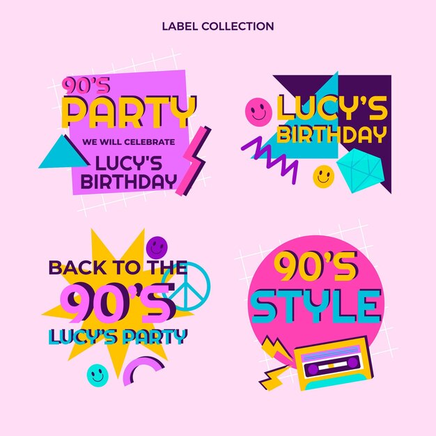 Free vector flat design 90s nostalgic birthday labels