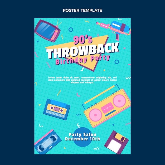 Flat design 90s nostalgic birthday poster