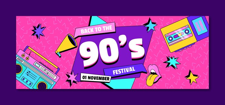 मुफ़्त वेक्टर flat design 90s nostalgic music festival facebook cover
