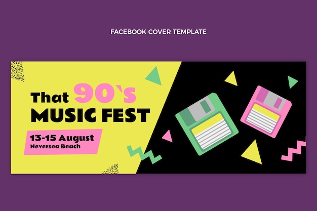 Free vector flat design 90s nostalgic music festival facebook cover