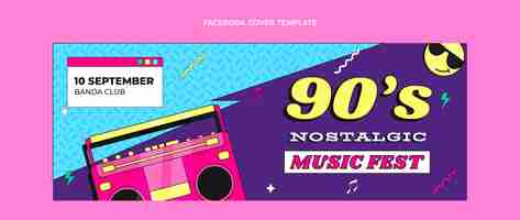 Vettore gratuito copertina facebook del festival musicale nostalgico degli anni '90 dal design piatto