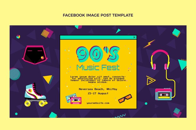 Плоский дизайн 90-х годов ностальгический музыкальный фестиваль facebook post