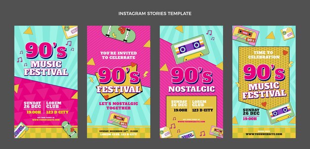 Плоский дизайн 90-х годов ностальгический музыкальный фестиваль instagram рассказы