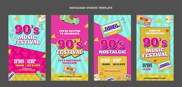 Flat design 90s nostalgic music festival instagram stories