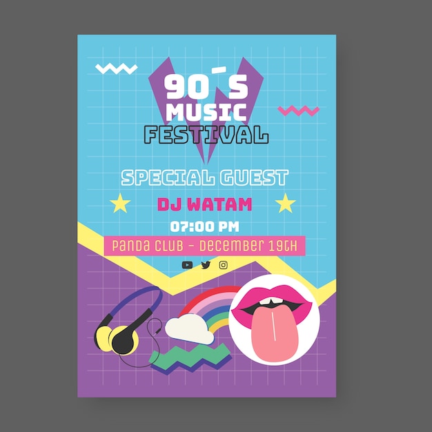 Free vector flat design 90s nostalgic music festival invitation