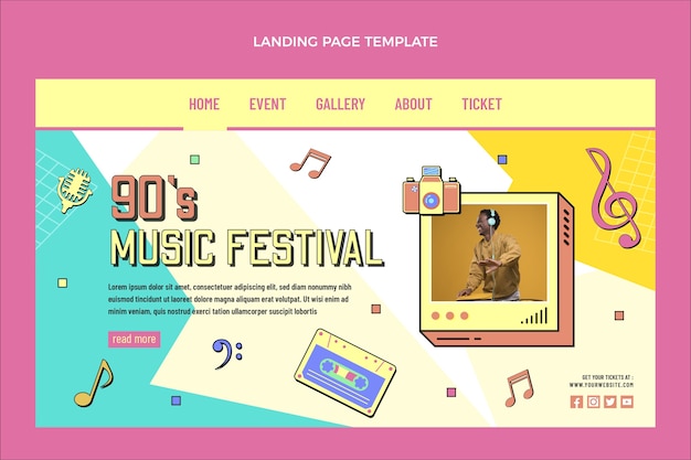 Плоский дизайн целевая страница ностальгического музыкального фестиваля 90-х