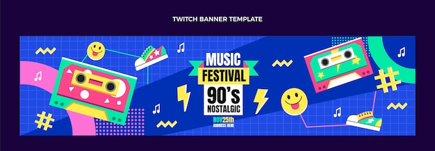 Banner di contrazione del festival musicale nostalgico degli anni '90 dal design piatto