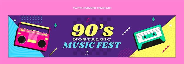 Flat design 90s nostalgic music festival twitch banner