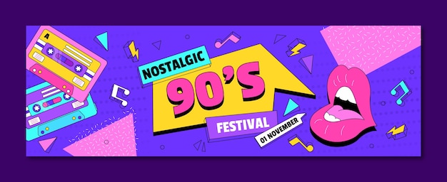フラットデザイン90年代ノスタルジックな音楽祭のツイッターヘッダー