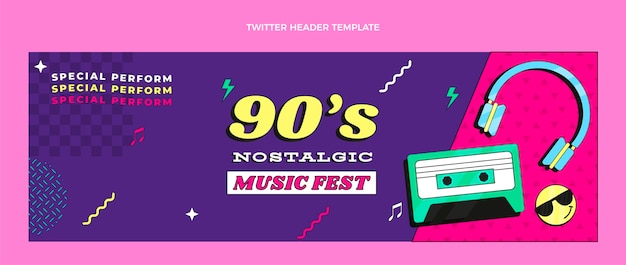 무료 벡터 평면 디자인 90년대 향수를 불러일으키는 음악 축제 트위터 헤더